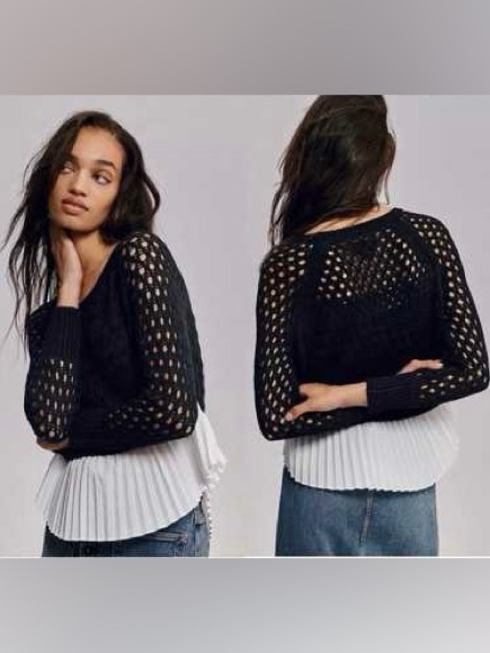 Anthropologie Maeve Layered Pleated Open Knit Boho Sweater Black White sz XS